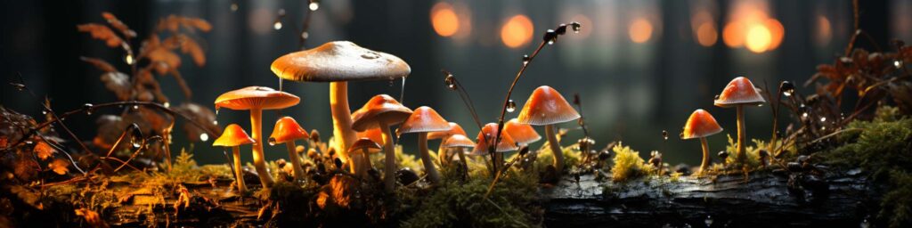 Bild zeigt Nahaufnahme von Pilzen im verregnten Wald - mystische Atmosphäe