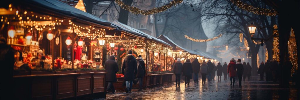 Künstlich erzeugtes Bild von Weihnachtsmarktbuden in der Dämmerung. schön beleuchtet. Im Hintergrund Stadthäuser. Einige flanierende Menschen