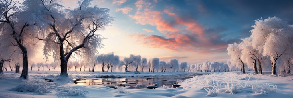 schneebedeckte Landschaft mit einem Fluss quer durchs Bild. Die untergehende Sonne lässt die wenigen Wolken hell erstrahlen