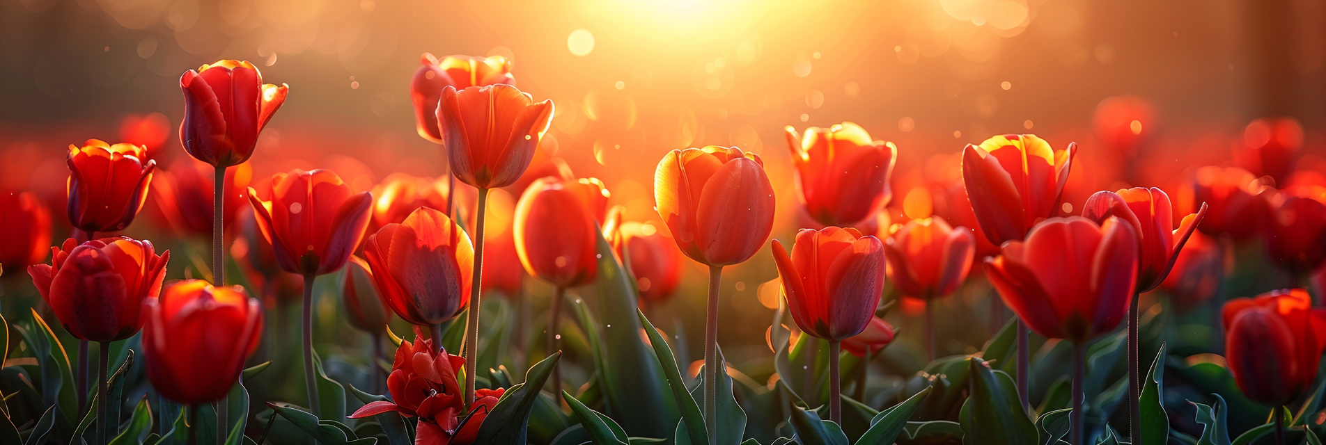 Nahaufnahme feld voller roter Tulpen bei untergehender Sonne
